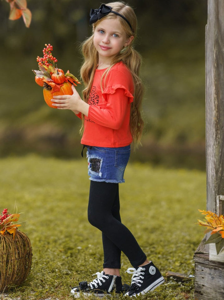 Girls Pumpkin Top Patched Denim Shorts & Legging Set - Mia Belle Girls