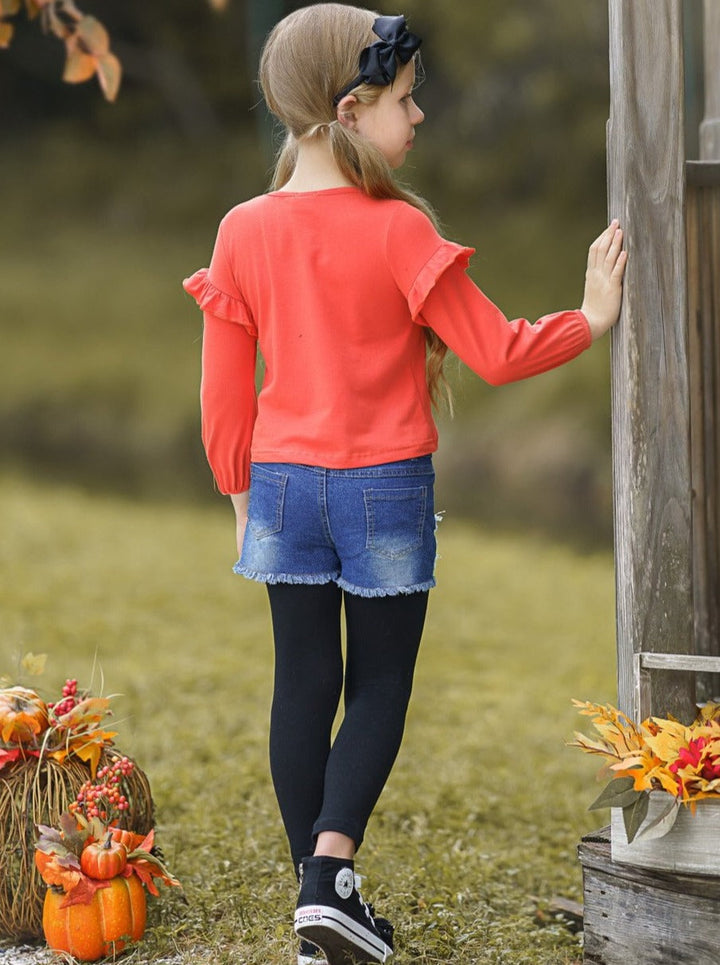 Girls Pumpkin Top Patched Denim Shorts & Legging Set - Mia Belle Girls