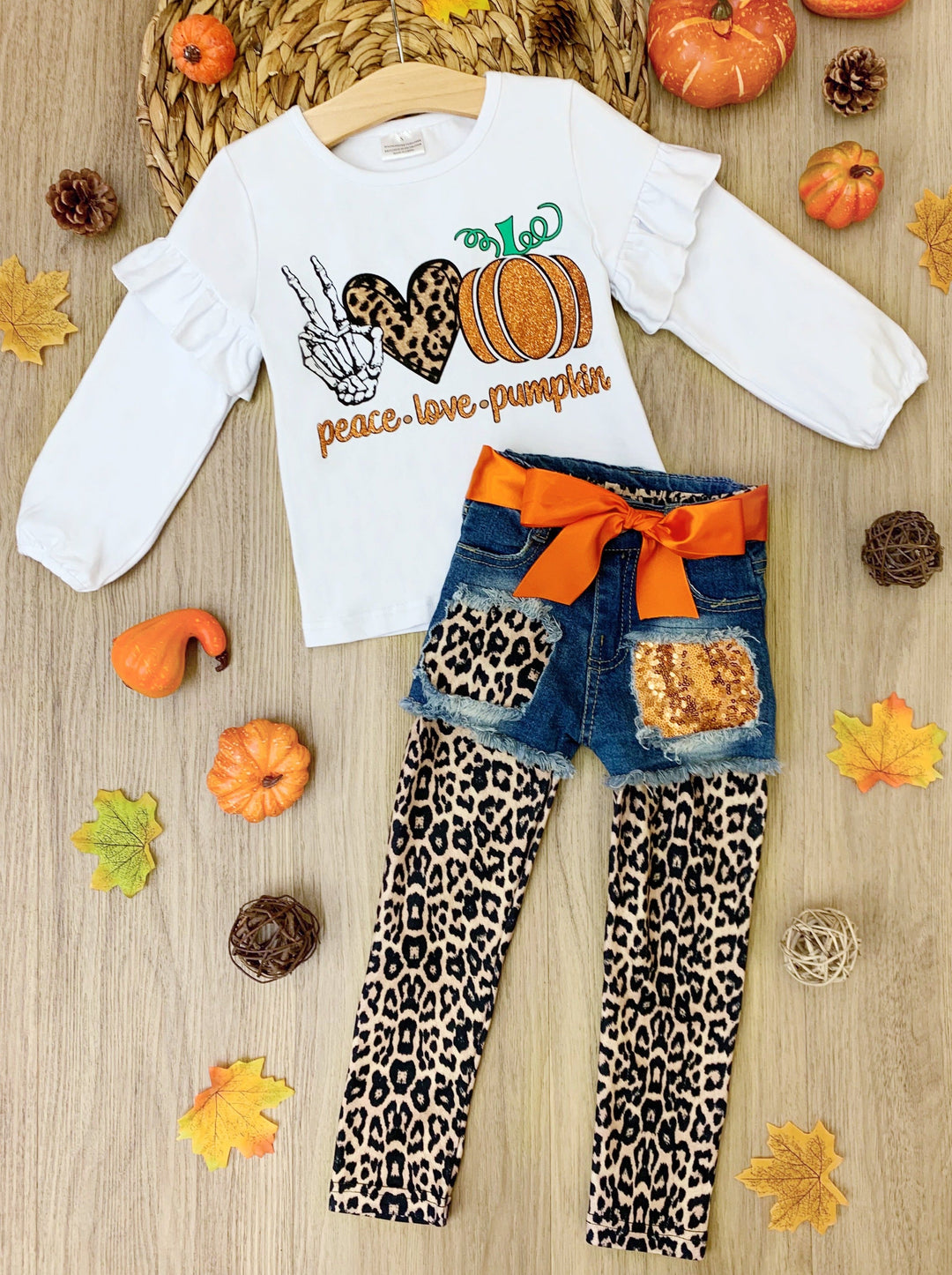 Cute Girls Fall Outfits | Pumpkin Top, Patched Shorts & Legging Set 