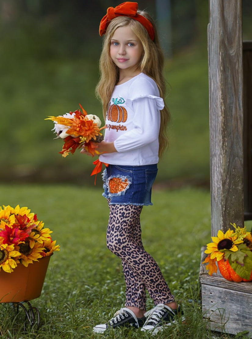 Cute Girls Fall Outfits | Pumpkin Top, Patched Shorts & Legging Set 