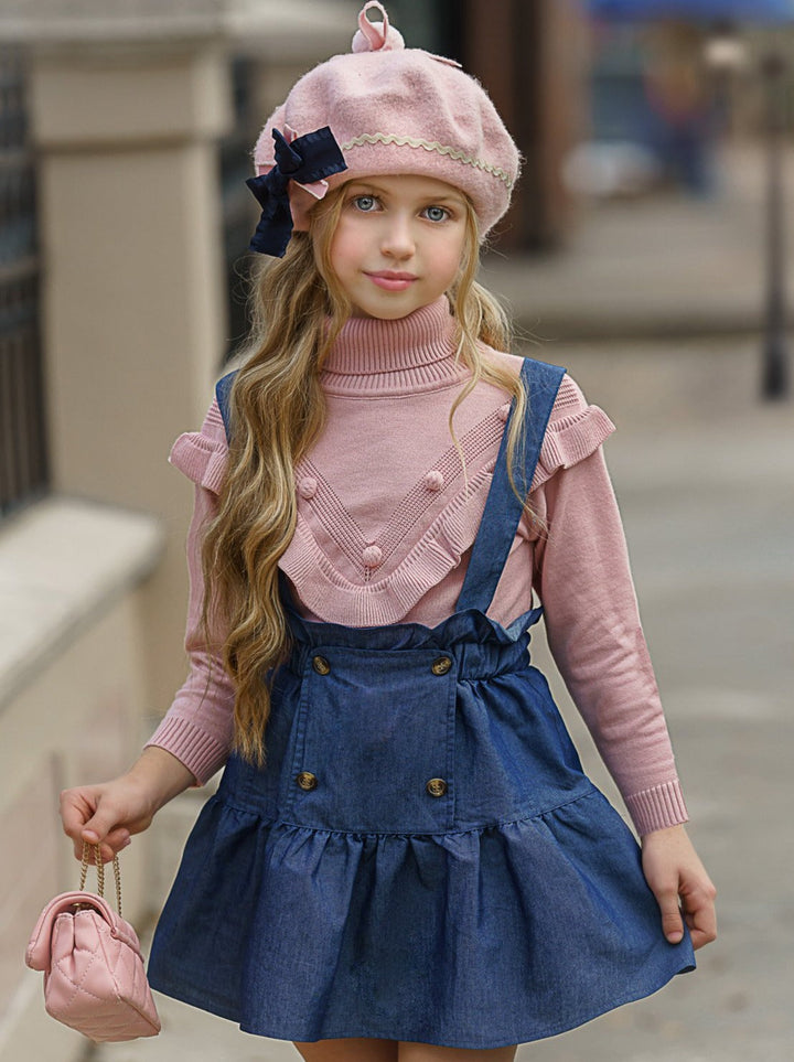 Preppy Chic Outfit | Turtleneck & Overall Skirt Set | Mia Belle Girls