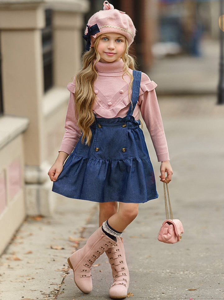 Preppy Chic Outfit | Turtleneck & Overall Skirt Set | Mia Belle Girls