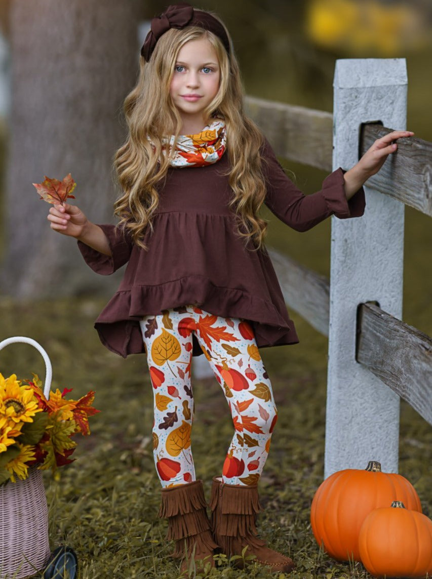 Little girls Fall long-sleeve hi-lo tunic with ruffled hem and cuffs, pumpkin/leaf print leggings, and a matching infinity wrap scarf - Mia Belle Girls