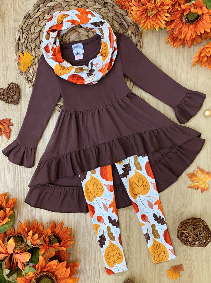 Little girls Fall long-sleeve hi-lo tunic with ruffled hem and cuffs, pumpkin/leaf print leggings, and a matching infinity wrap scarf - Mia Belle Girls