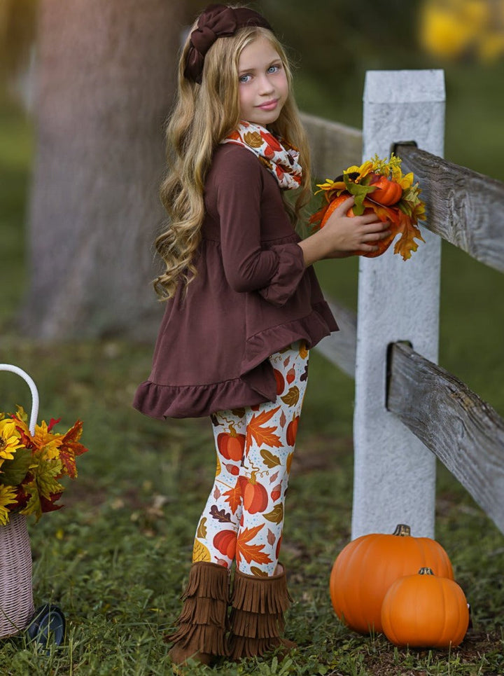 Little girls Fall long-sleeve hi-lo tunic with ruffled hem and cuffs, pumpkin/leaf print leggings, and a matching infinity wrap scarf - Mia Belle Girls