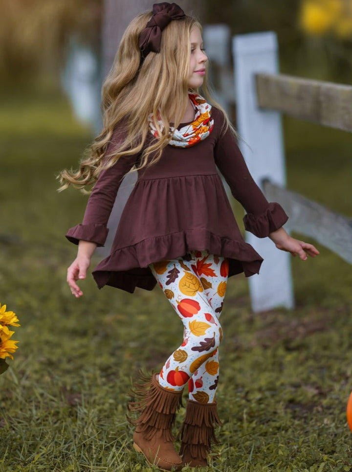 Little girls Fall long-sleeve hi-lo tunic with ruffled hem and cuffs, pumpkin/leaf print leggings, and a matching infinity wrap scarf - Mia Belle Girls