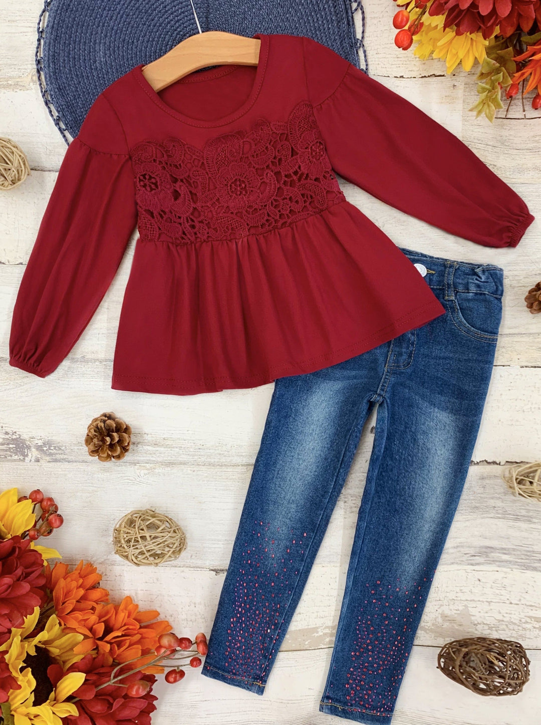 Fall Outfits | Boho Lace Tunic and Sparkle Jeans Set | Mia Belle Girls