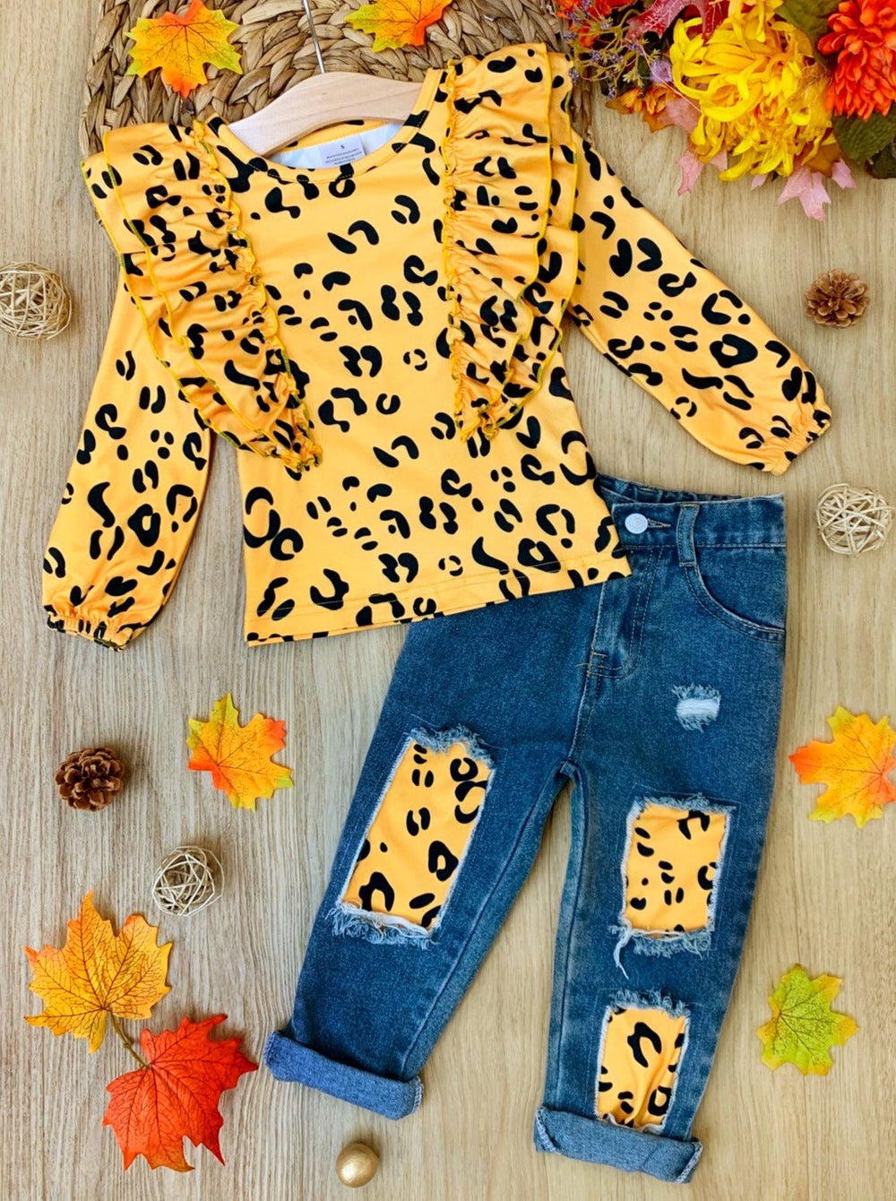 Little girls Fall long-sleeved yellow leopard print top with ruffle shoulders and matching patched jeans - Mia Belle Girls