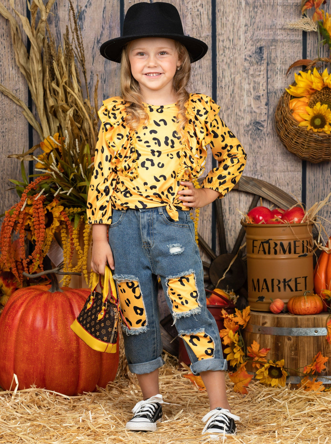 Little girls Fall long-sleeved yellow leopard print top with ruffle shoulders and matching patched jeans - Mia Belle Girls