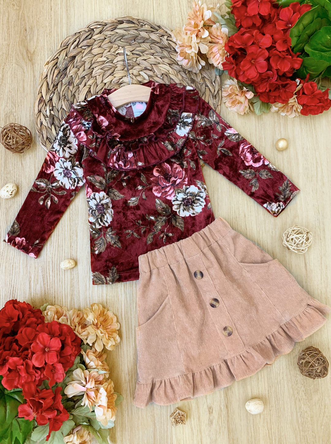 Cute Outfits For Girls | Fall Floral Velvet Top and Ruffled Skirt Set