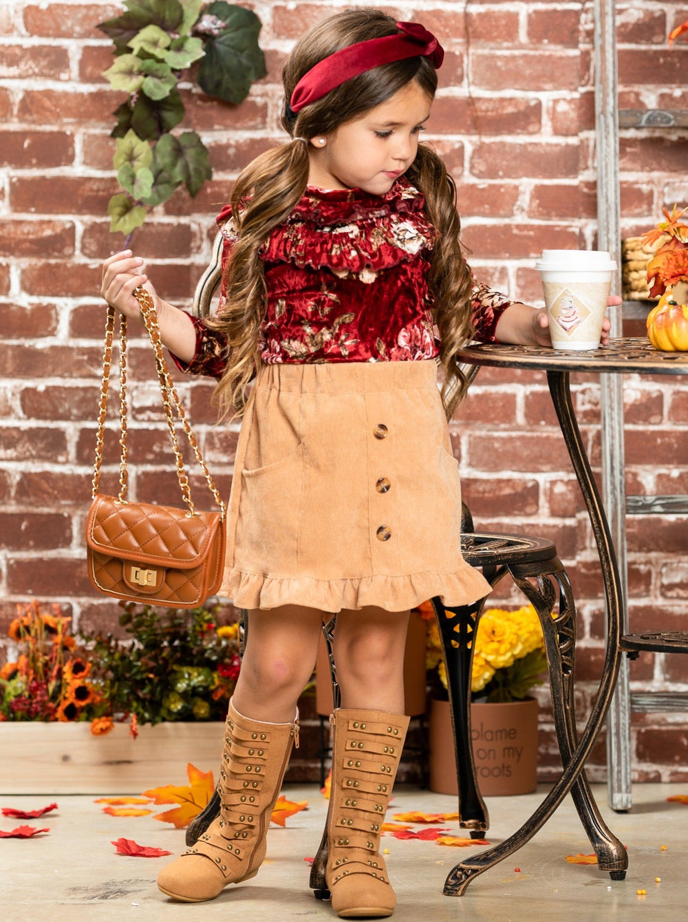 Cute Outfits For Girls | Fall Floral Velvet Top and Ruffled Skirt Set