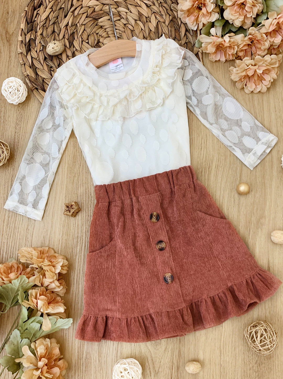 Fall Outfits | Swiss Polka Dot Top & Velvet Skirt Set | Cute Girls Set