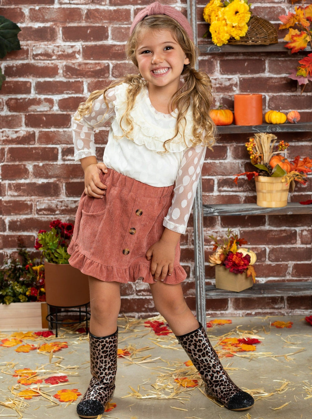 Fall Outfits | Swiss Polka Dot Top & Velvet Skirt Set | Cute Girls Set