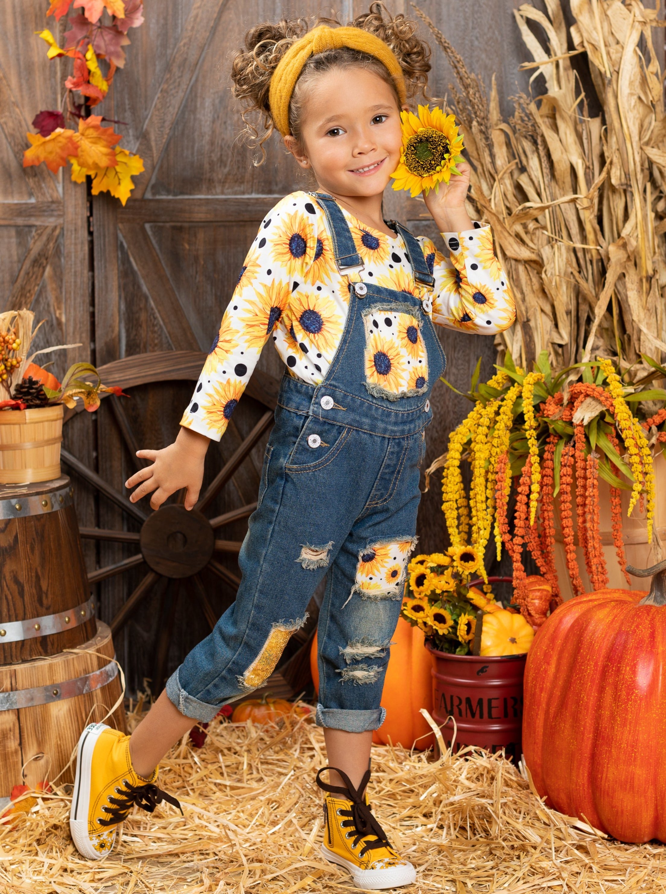Bright Sunflower Patched Overall Set Mia Belle Girls