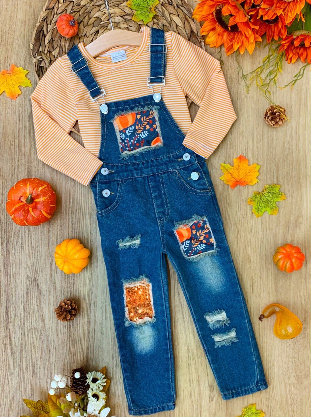 Girls Fall Striped Top & Patched Overall Jeans Set - Mia Belle Girls