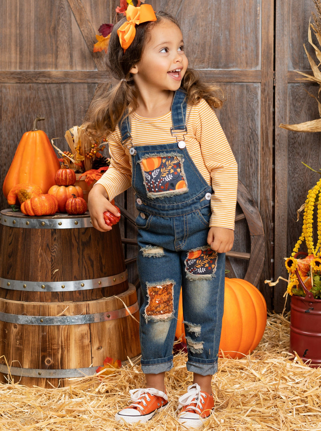 Girls Fall Striped Top & Patched Overall Jeans Set - Mia Belle Girls