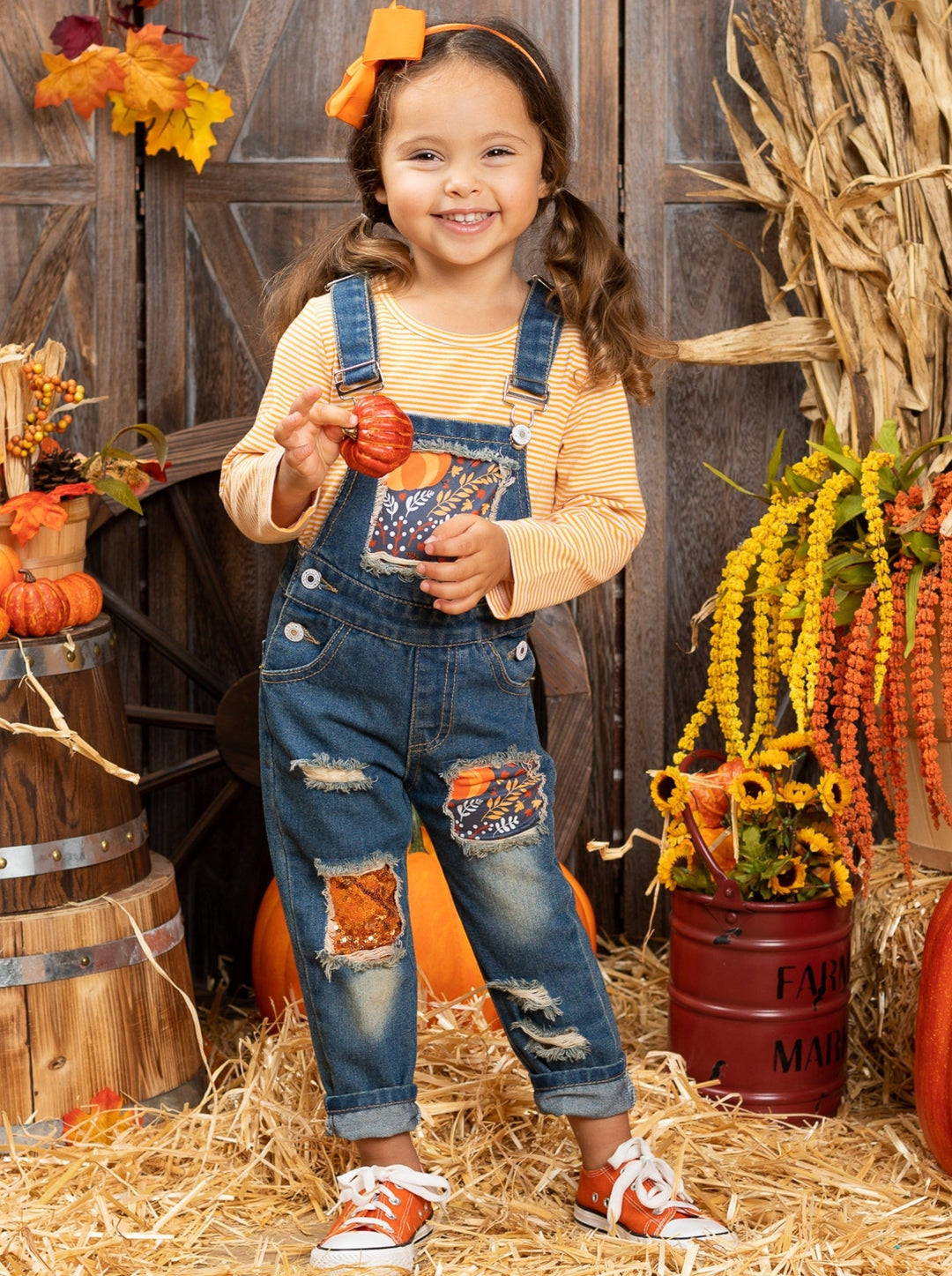 Girls Fall Striped Top & Patched Overall Jeans Set - Mia Belle Girls