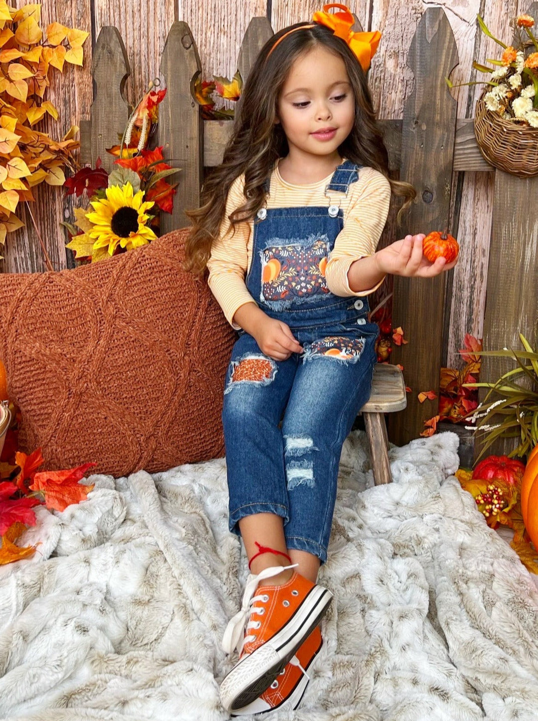 Girls Fall Striped Top & Patched Overall Jeans Set - Mia Belle Girls