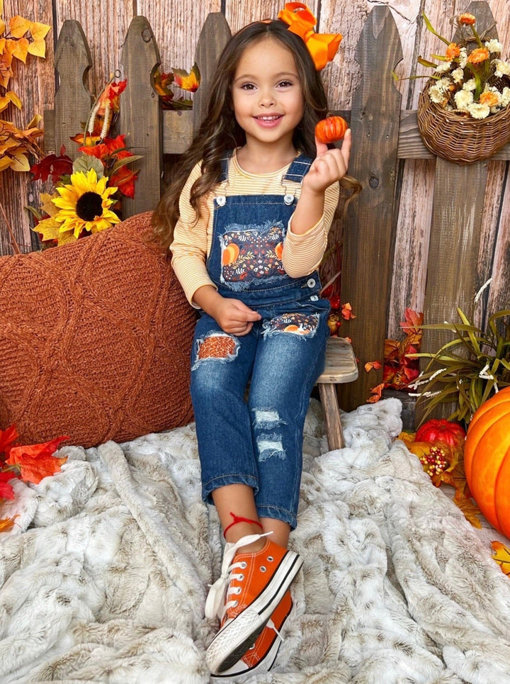 Girls Fall Striped Top & Patched Overall Jeans Set - Mia Belle Girls