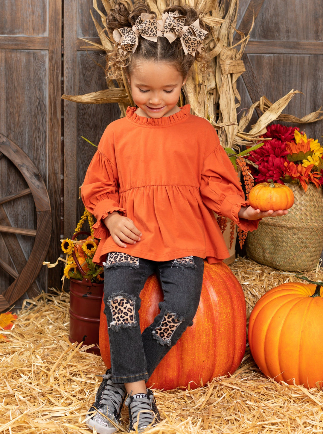 Fall Outfits | Leopard Print Patched Jeans Set | Cute Fall Girls Sets