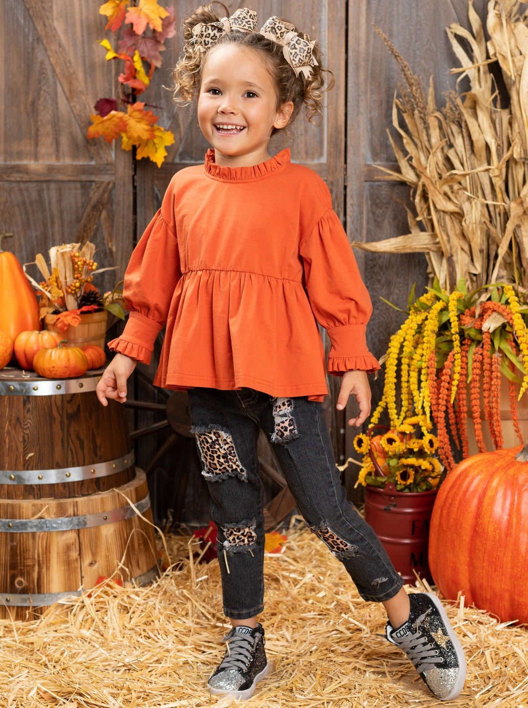 Fall Outfits | Leopard Print Patched Jeans Set | Cute Fall Girls Sets