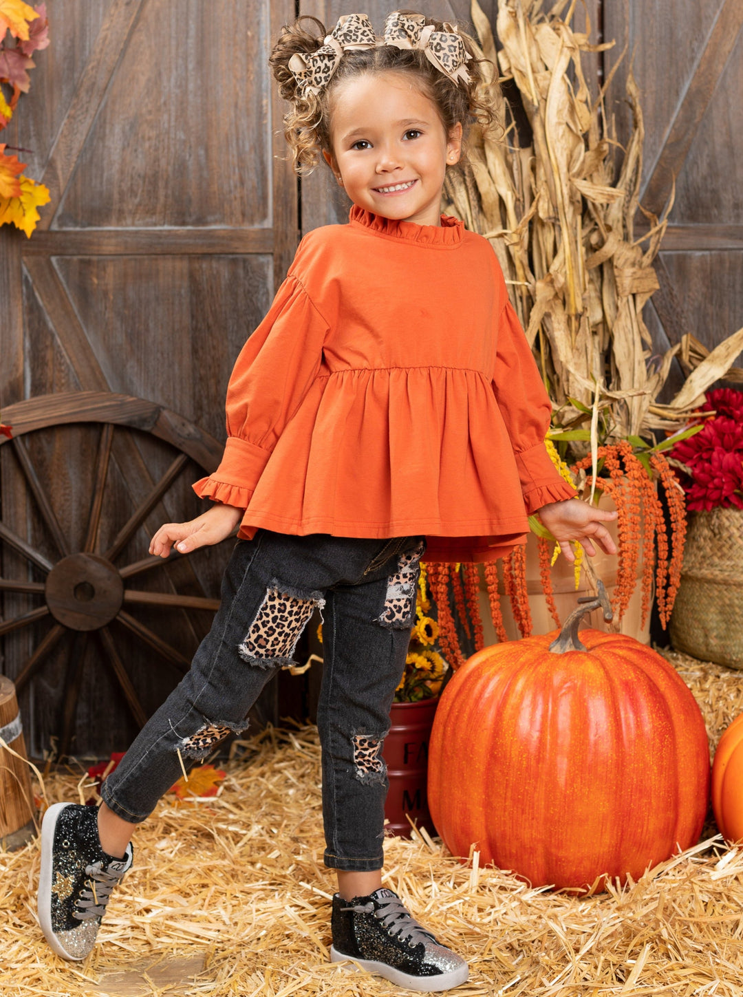 Fall Outfits | Leopard Print Patched Jeans Set | Cute Fall Girls Sets