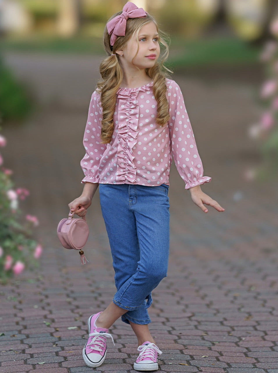 Toddlers Fall Outfits | Girls Ruffle Polka Dot Top & Bow Jeans Set