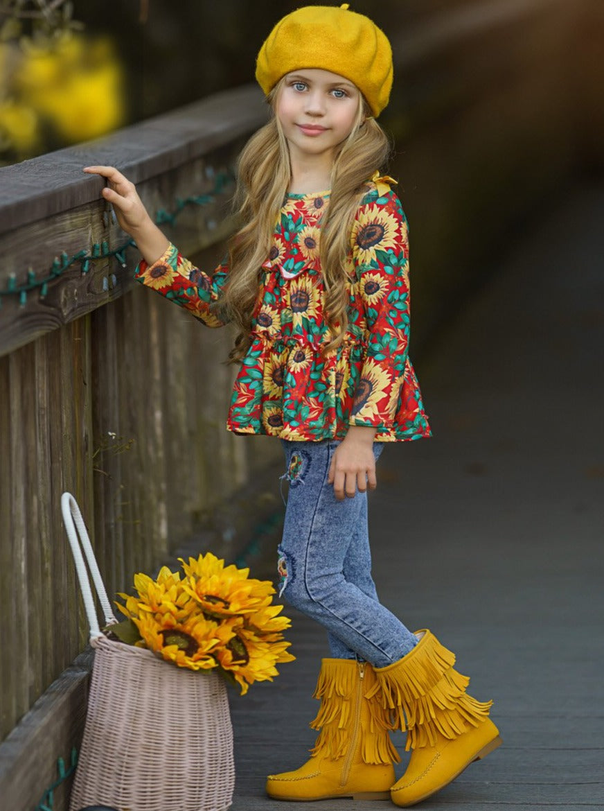 Fall Outfits | Sunflower Runic & Patched Jeans Set | Cute Girls Sets