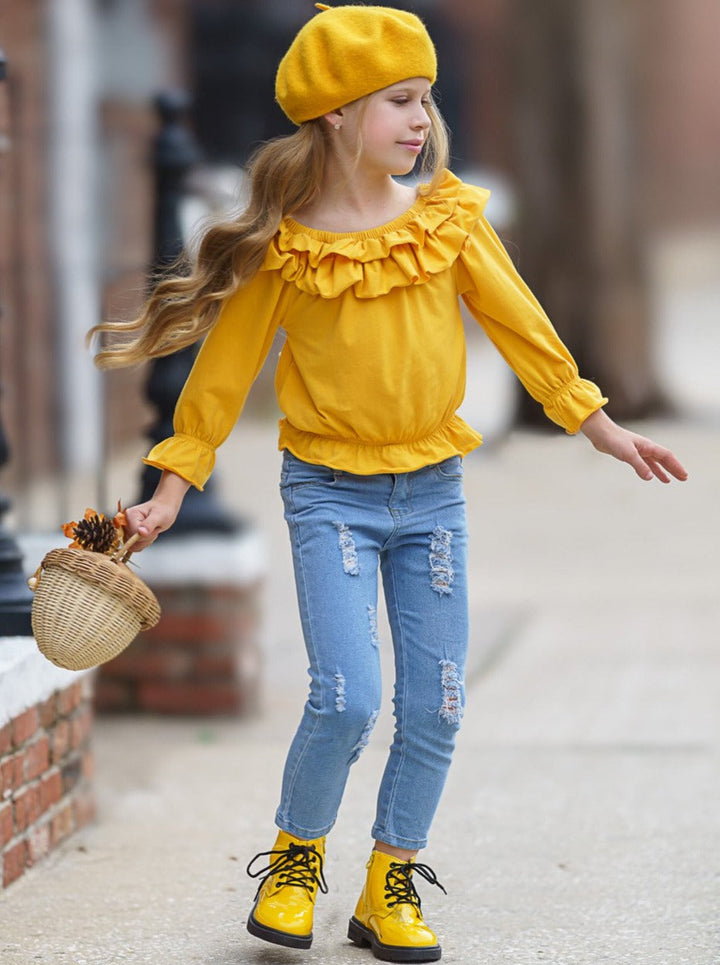 Fall Outfits | Ruffle Top & Distressed Jeans Set | Cute Girls Set