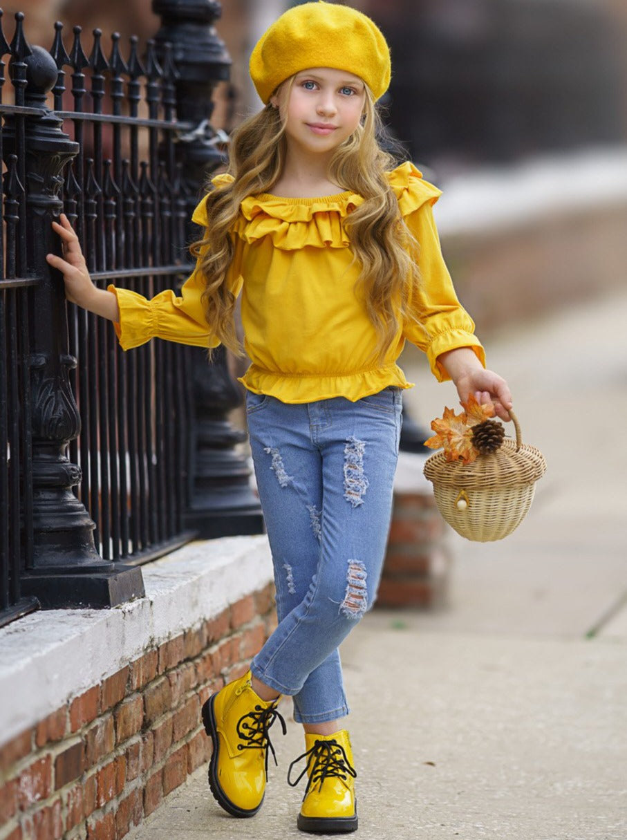 Fall Outfits | Ruffle Top & Distressed Jeans Set | Cute Girls Set