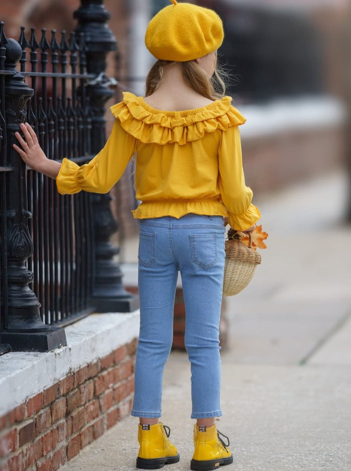 Fall Outfits | Ruffle Top & Distressed Jeans Set | Cute Girls Set