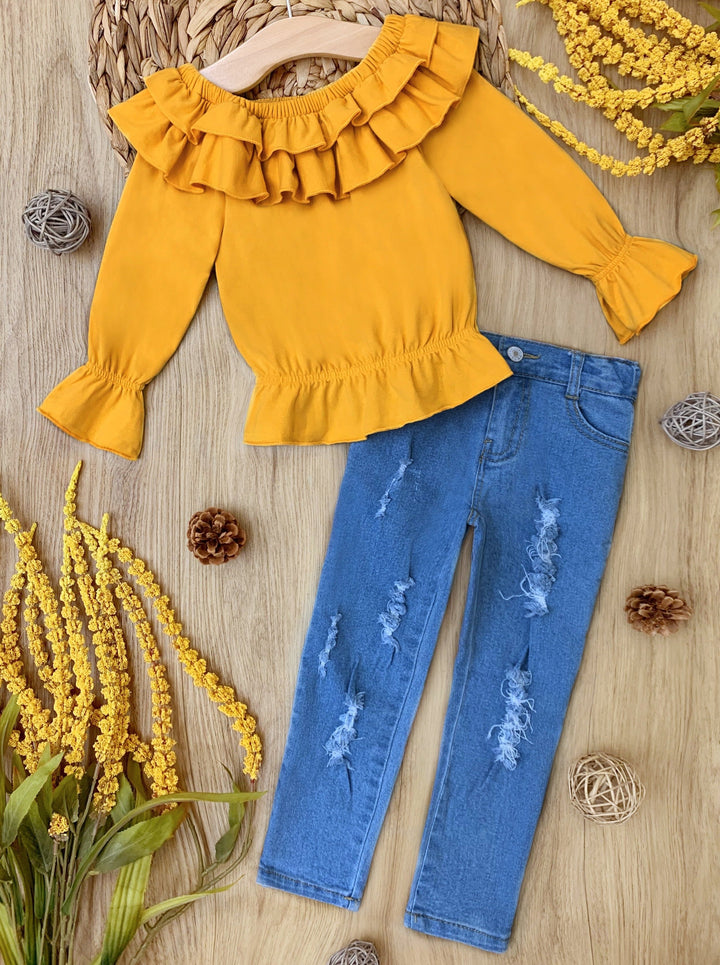 Fall Outfits | Ruffle Top & Distressed Jeans Set | Cute Girls Set