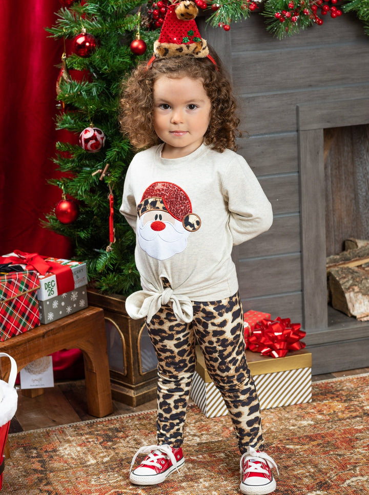 Toddler Christmas Outfit | Santa Knot Hem Top & Leopard Legging Set