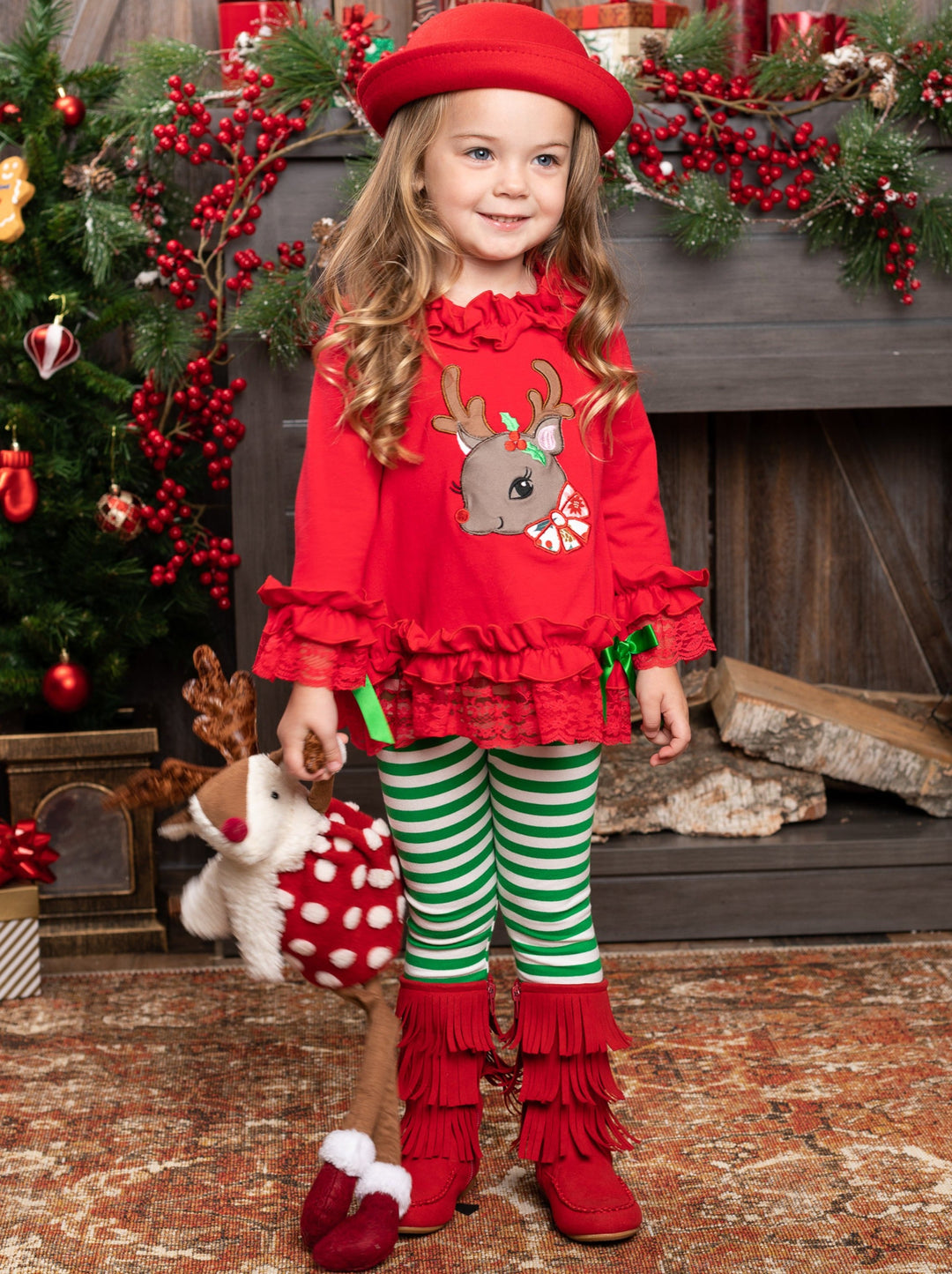 Cute Winter Sets | Girls Rudolph Ruffle Tunic And Striped Legging Set