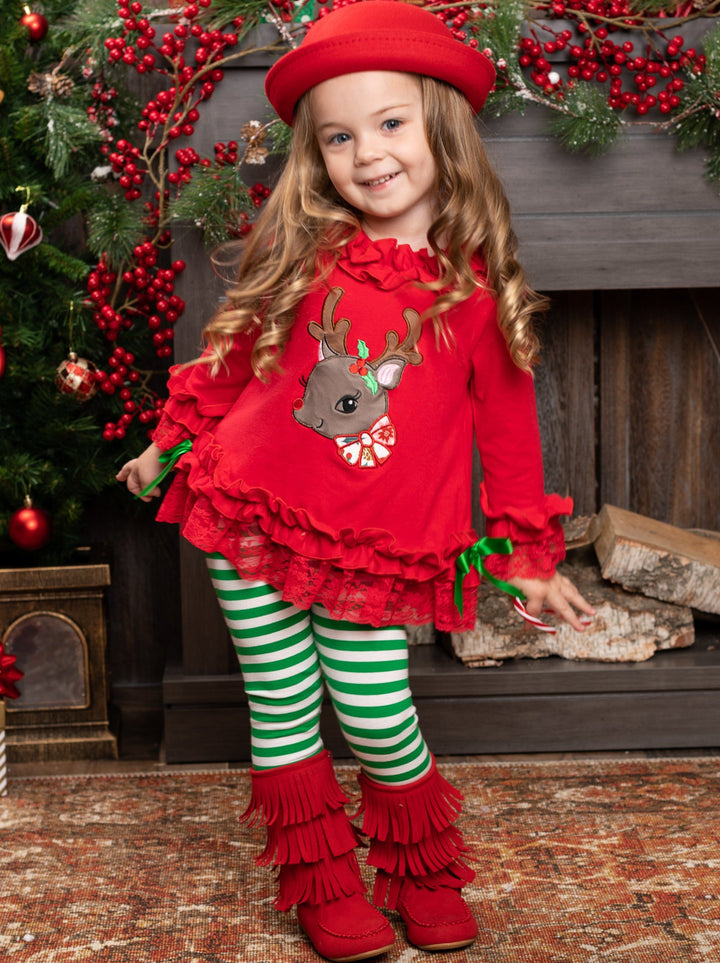 Cute Winter Sets | Girls Rudolph Ruffle Tunic And Striped Legging Set