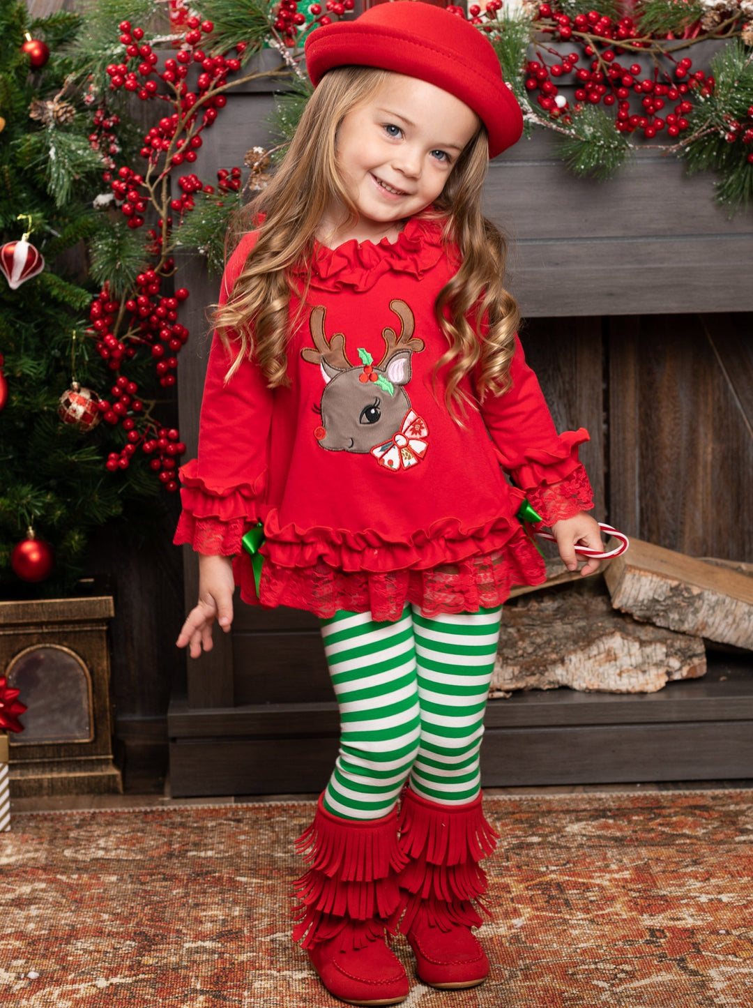 Cute Winter Sets | Girls Rudolph Ruffle Tunic And Striped Legging Set