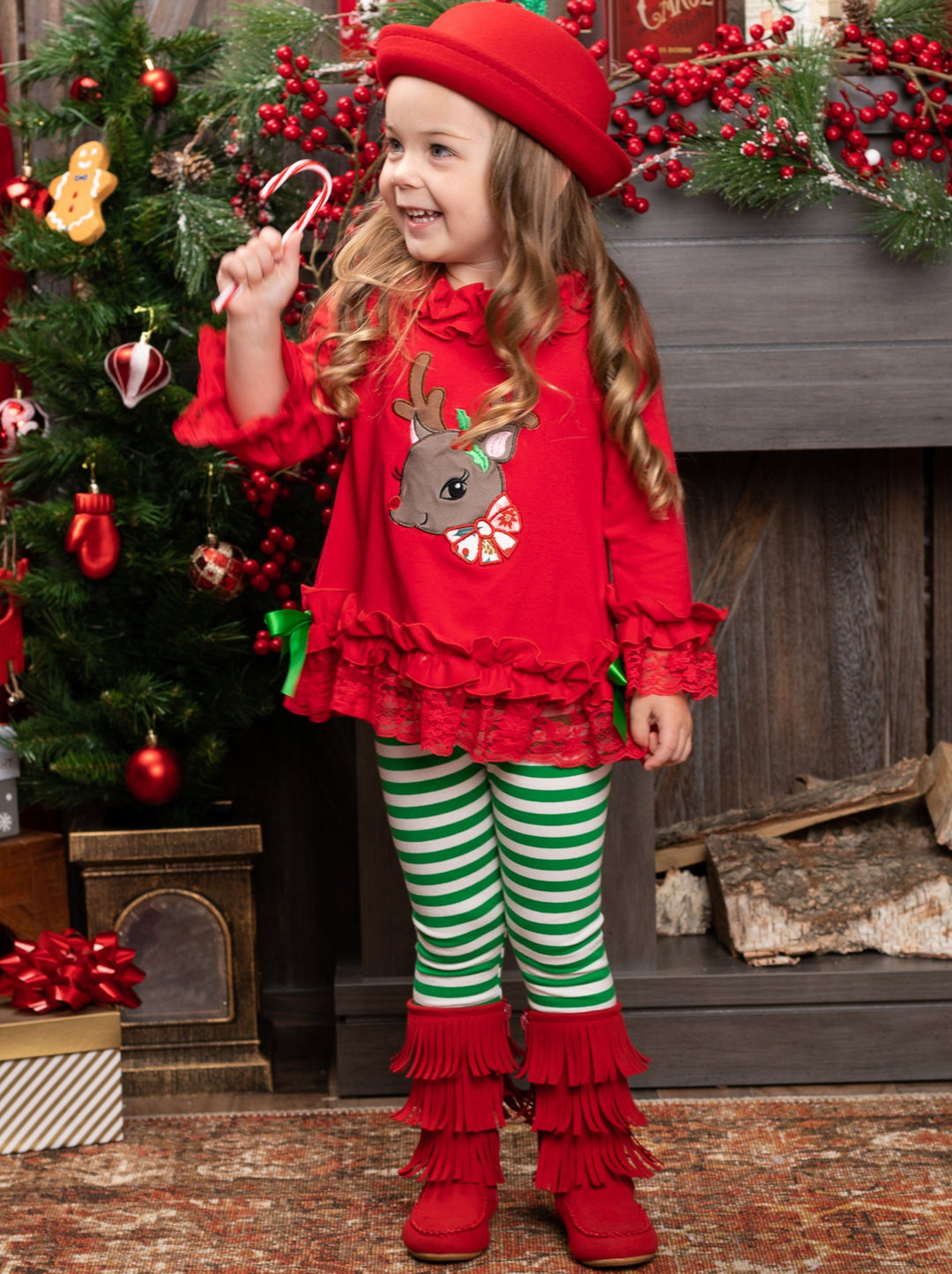 Cute Winter Sets | Girls Rudolph Ruffle Tunic And Striped Legging Set