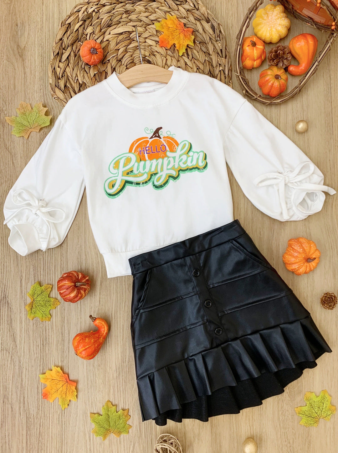 Girls Fall Outfits | Pumpkin Top & Satin Skirt Set - Mia Belle Girls