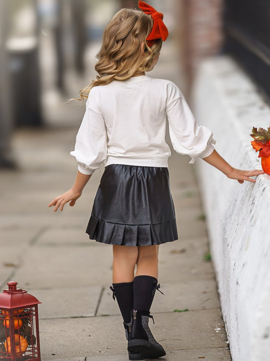 Girls Fall Outfits | Pumpkin Top & Satin Skirt Set - Mia Belle Girls