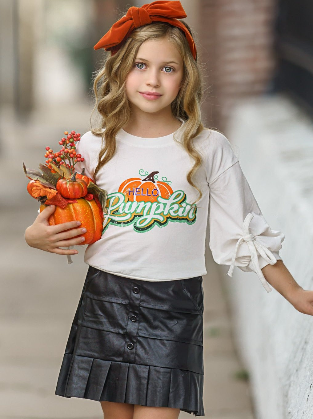 Girls Fall Outfits | Pumpkin Top & Satin Skirt Set - Mia Belle Girls