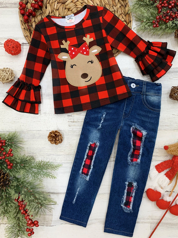 Cute Winter Sets | Girls Reindeer Plaid Top and Patched Jeans Set