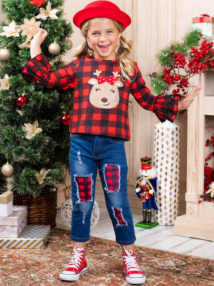 Cute Winter Sets | Girls Reindeer Plaid Top and Patched Jeans Set