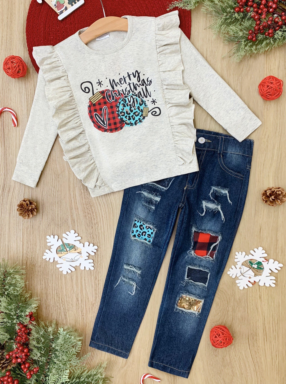 Cute Winter Sets | Merry Christmas Ruffled Top & Patched Jeans Set