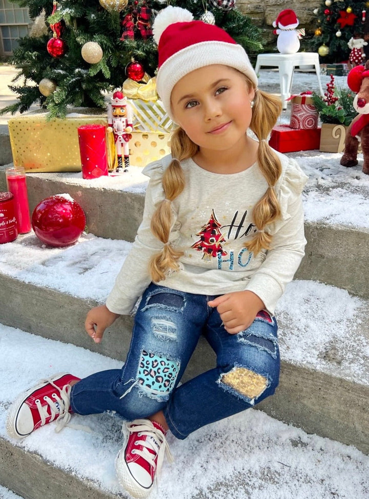 Cute Winter Sets | Merry Christmas Ruffled Top & Patched Jeans Set