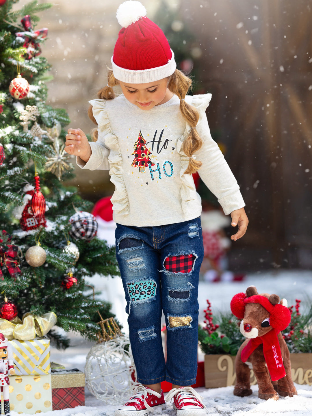 Cute Winter Sets | Merry Christmas Ruffled Top & Patched Jeans Set