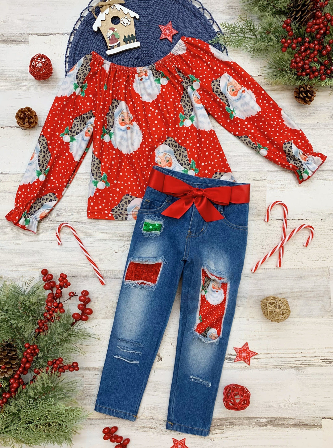 Cute Winter Sets | Girls Snowy Santa Tunic and Patched Jeans Set