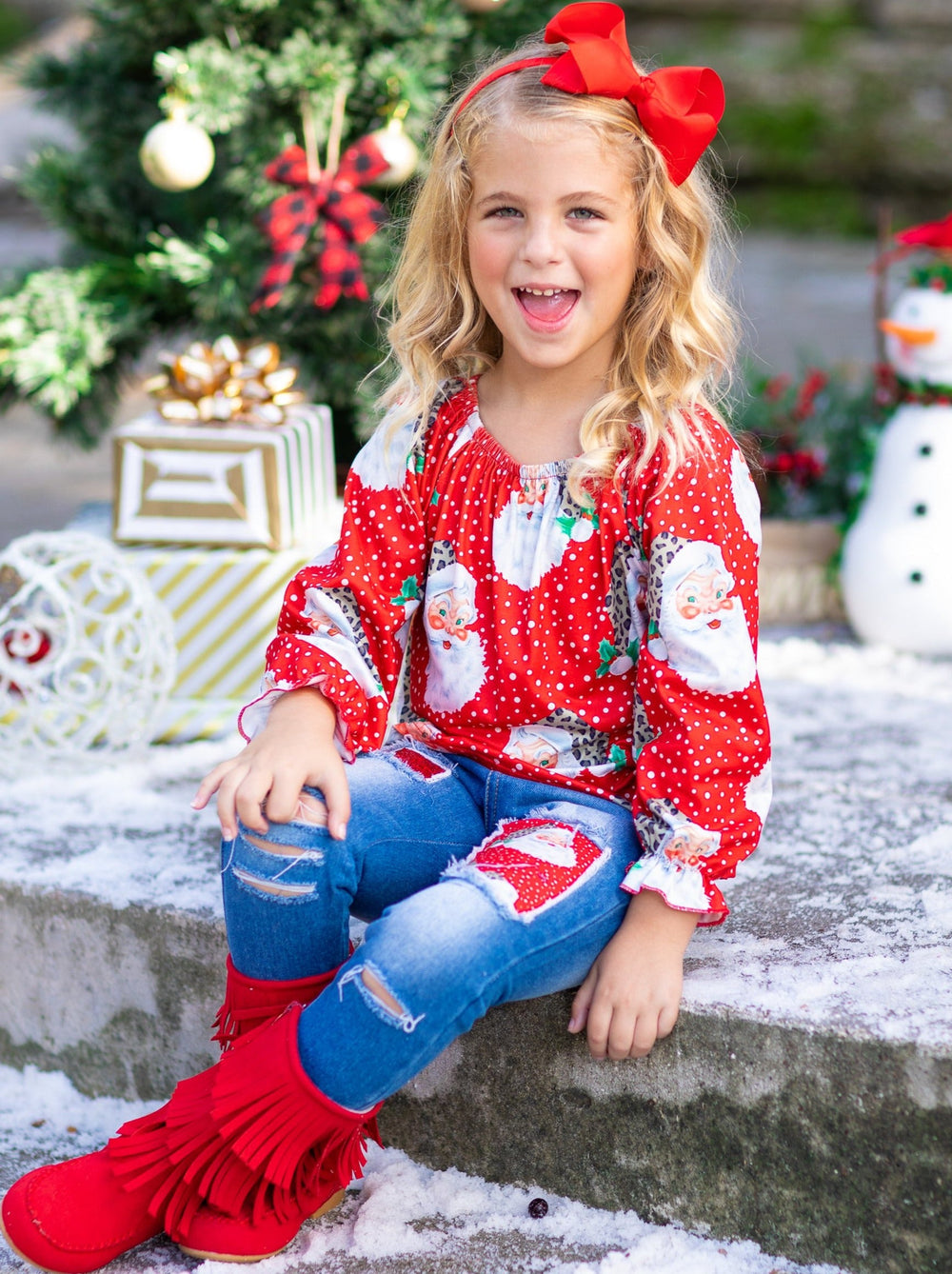 Cute Winter Sets | Girls Snowy Santa Tunic and Patched Jeans Set