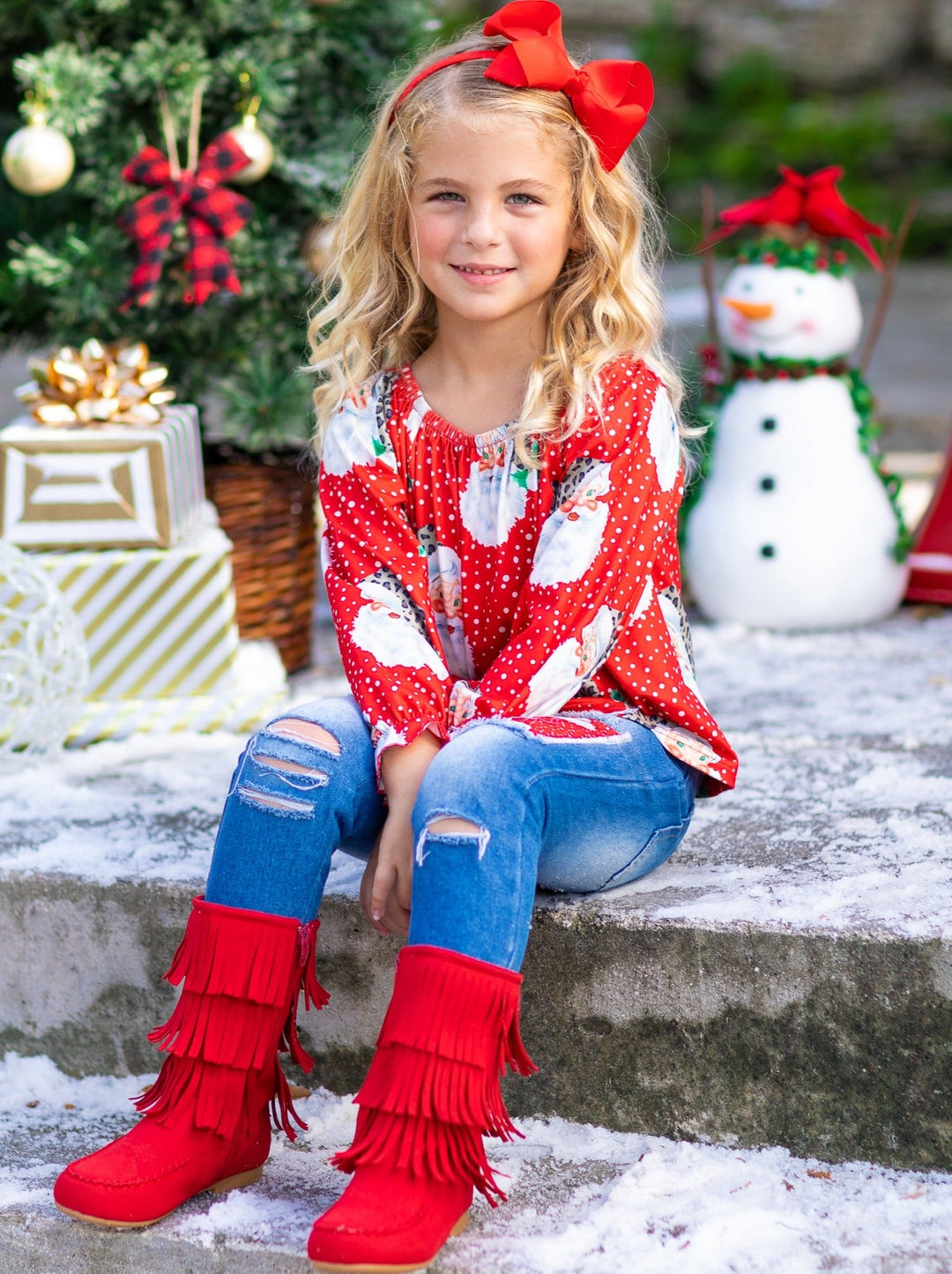 Cute Winter Sets | Girls Snowy Santa Tunic and Patched Jeans Set