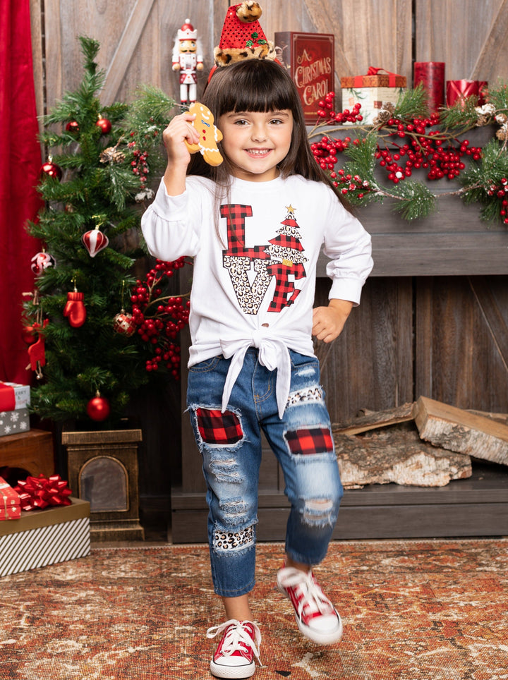 Cute Winter Sets | Girls Love Christmas Knot Top & Patched Jeans Set