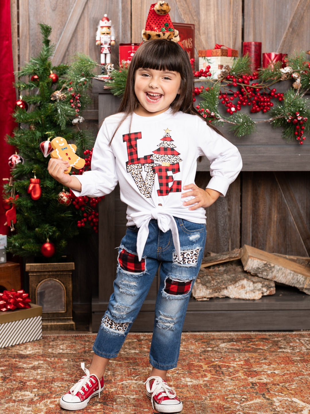 Cute Winter Sets | Girls Love Christmas Knot Top & Patched Jeans Set